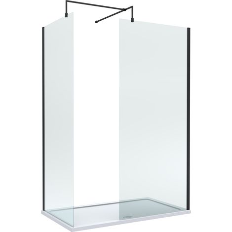 8mm Glass Walk In Wetroom Screens with Matt Black Profile and White Shower Tray - 1400 x 900mm