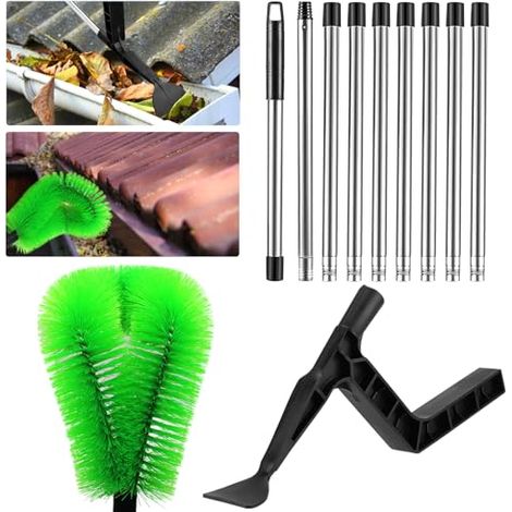 Limpiador de canalones de 390 cm, cepillo y cuchara/pala de limpieza 2 en 1, cepillo para limpieza de canalones, cepillo para limpieza de canalones con mango telescópico para hojas, ventanas, bajantes
