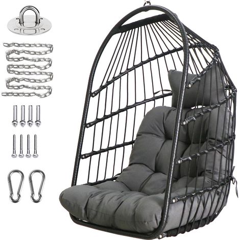 Hängesessel Rattan Korb mit Edelstahl Aufhängeset faltbar für Balkon und Garten (1/5)