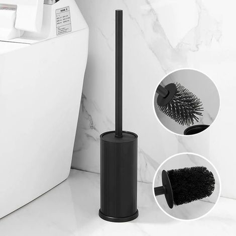 304 Brosse à toilettes en acier inoxydable avec support Long Bucket Stand Round Loo Brush for Bathroom (noir) (1/5)