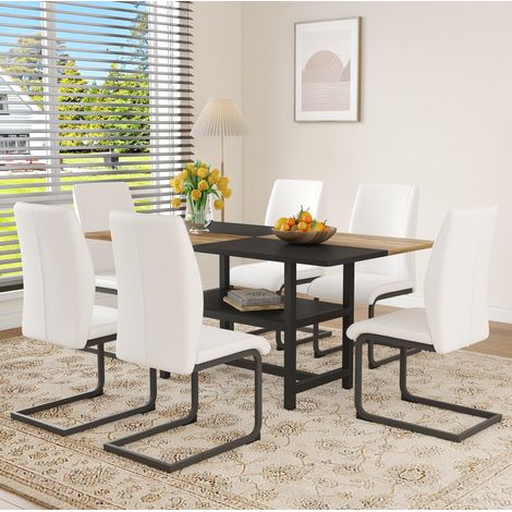 Set da pranzo rettangolare 160x90x76 cm, con 6 sedie, ripiano integrato, struttura in metallo, bianco e legno (1/5)