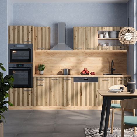 Cuisine R-Line, Chêne Artisan/Chêne doré, 300 cm avec armoire haute, PT Marbre, Vicco