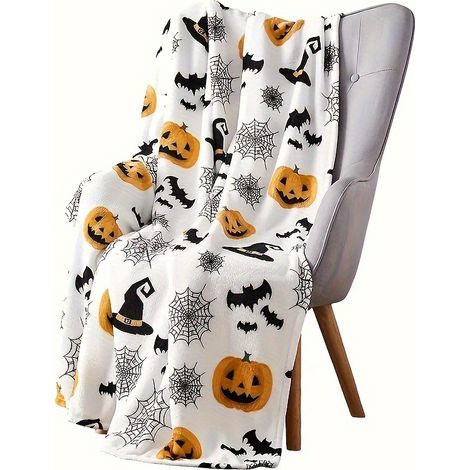 Couverture En Flanelle - Motif Toile D Araignée Chapeau De Sorcière Chauve-Souris Citrouille - Pour Lit Canapé Bureau Camping Voyage - 1 Pièce