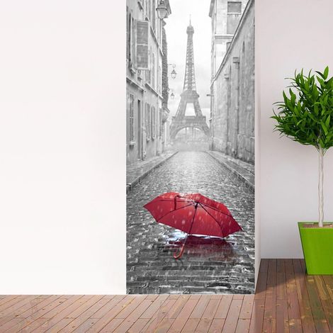 Sticker Porte effet 3D - autocollant Trompe L'œil pour Porte - Décoration pour Porte Cuisine, Salon, Chambre, Salle de Bain - Style Papier peint pour les murs - Parapluie dans Paris - 204 x 83 cm (1/5)
