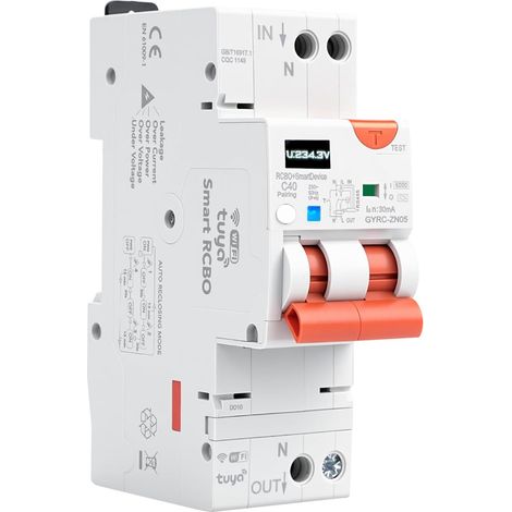 Disjoncteur differentiel 30mA 40A Type A 1P+N 6KA interrupteur differentiel wifi AC230V Réarmement automatique avec Protection contre les courts-circuits, les surcharges et les fuites à la terre (1/5)
