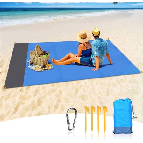 Tapis de plage portable résistant au sable, imperméable et à séchage rapide, 210 cm x 200 cm, bleu et gris (1/5)