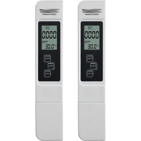 Testeur d’eau 3 en 1 lot de 2 TDS EC conductivité, appareil de mesure précis, plage 0–9990 μS/cm, affichage LCD digital, pour contrôle qualité eau piscine et aquarium, blanc (1/5)