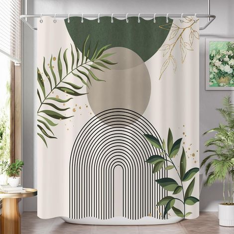 Rideau de Douche, 165x180cm, Gris Vert Sauge Boho Milieu du Siècle Moderne Abstrait Arc Soleil Géométrique Plante Tissu Pmperméable Machine Lavable Rideau de Salle de Bain avec Crochets (1/5)