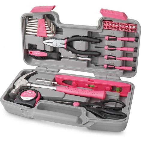 Coffret à outils rose pour femme, 39 pièces, comprenant une pince, un marteau, un tournevis de précision et des outils ménagers, le tout dans une boîte résistante - Cadeau d'anniversaire (1/5)
