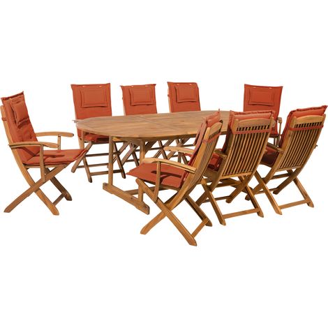 Conjunto de comedor de jardín de madera de acacia clara con cojines rojos para 8 personas con sillas plegables Maui (1/5)