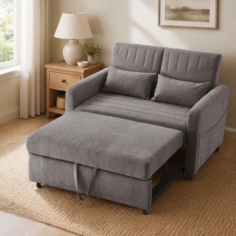 Divano letto a 2 posti 166x95 cm, schienale regolabile a 3 posizioni, tessuto cotone-lino, grigio (1/5)