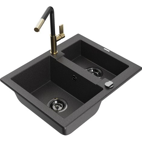 Mexen Carlos 1,5-Becken-Granitspüle mit Mischbatterie Flora, Schwarz gesprenkelt - 6518-76-670401-57