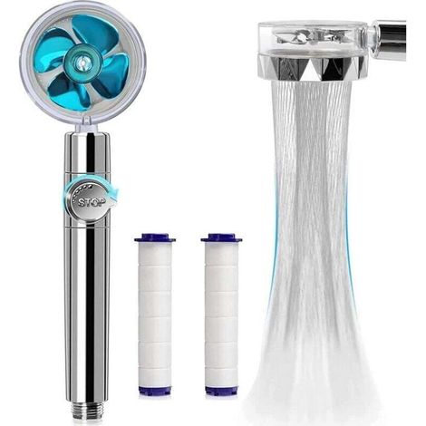 Douche haute pression à économie d'eau, pivotante à 360°, avec filtre, pommeau de douche turbo spa avec ventilateur et interrupteur (bleu) (1/4)