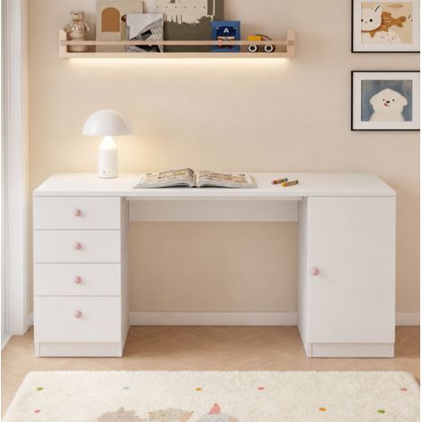 Bureau enfant 155x45x75 cm en MDF blanc, 4 tiroirs et rangement, pour chambre – MEUBLIV (1/5)