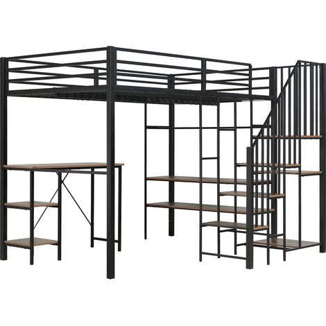 Metall-Hochbett 120 x 200 cm Schwarz mit Schreibtisch, Regalen und offener Garderobe HOMVRA (1/5)