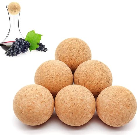 6 piezas, vino, corcho, bola, madera, corcho, bola, tapón, para, vino, decantador, jarra, botella, repuesto, 2,4 pulgadas / 6,1 cm
