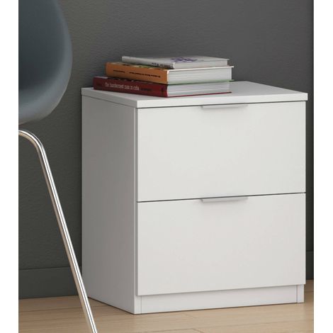 Dmora - Mesilla de noche Dmila, Mesita de noche moderna con 2 cajones, Mesa de noche, Cajonera baja para dormitorio, 38x34h45 cm, Blanco (1/4)
