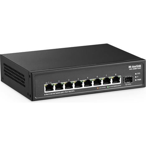 8-Port 2.5G PoE Switch with 10G SFP+ Slot, 8 Base-T 2.5G Ports, 10/100/1000 Mbps Compatible, IEEE8023af/at PoE 120 W, Metal Ungested Fanless Small Network Switch (1/5)