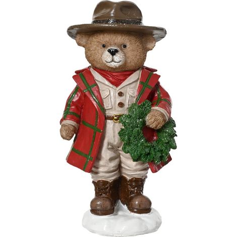 Kaemingk – Figurine de Noël ours en peluche avec couronne de sapin, 14,5 cm, polyrésine