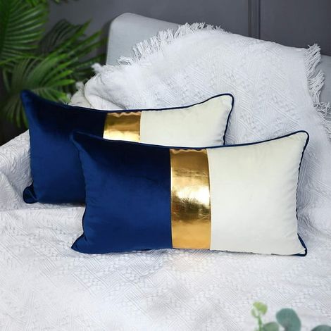 Housse de coussin en velours patchwork cuir bleu marine beige doré 12x20 lot de 2, coussin décoratif luxe moderne pour canapé salon chambre voiture (Bleu marine, 12x20) (1/4)