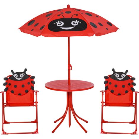 Ensemble de jardin 4 pièces pour enfants avec 2 chaises pliantes, un parasol et une table ronde, en acier et tissu Oxford, rouge.