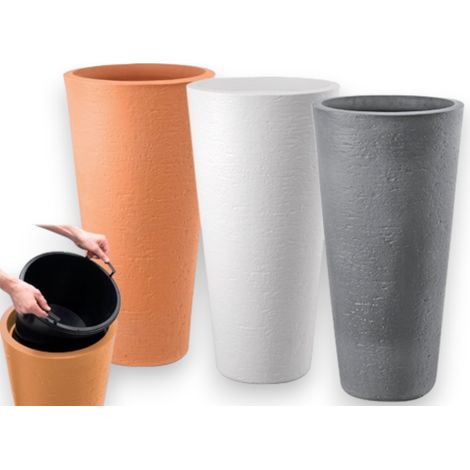 Vaso tondo alto a cono Ø40xH78 cm in resina resistente da esterno con vaschetta estraibile Tirso Plus GDM - Grigio (1/3)