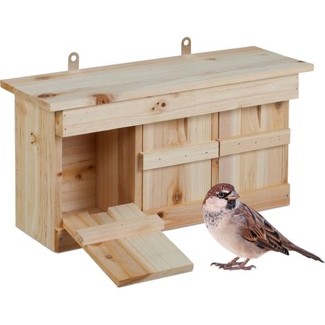 Relaxdays Nistkasten für Spatzen, 3 Brutkammern, Tannenholz, Einflugspalt HxB: 3 x 2 cm, Vogelhaus zum Aufhängen, natur