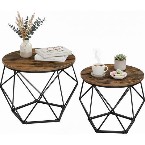 Relaxdays Couchtisch, 2er Set, Holzoptik & Metall, Industrial-Design, runde Beistelltische, Wohnzimmer, braun/schwarz