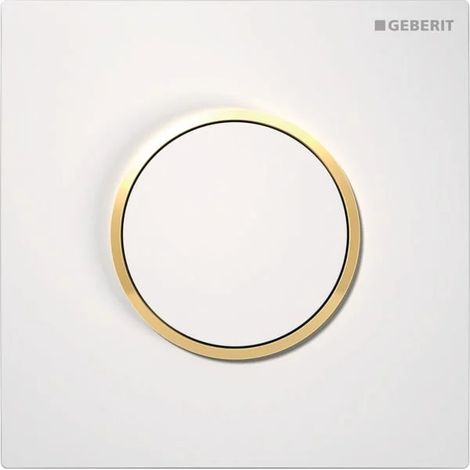 Geberit Tipo 10 placca di comando, rotonda, per comando orinatoio con azionamento pneumatico del risciacquo: piastra, tasto: bianco alpino / lucido, anello di design: dorato / lucido, 241915KK1
