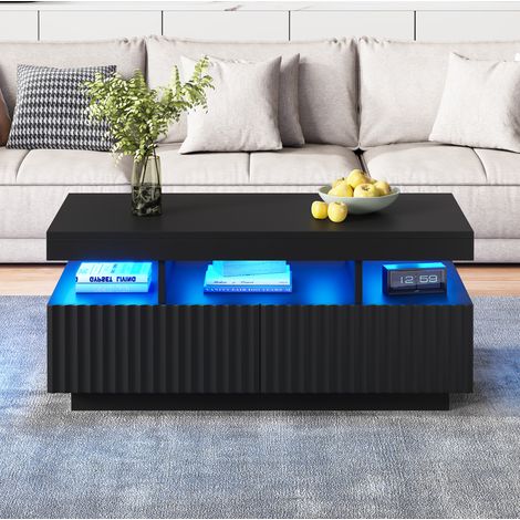 Mesa de centro 100x50x45 cm negra de tablero de partículas con 2 cajones, estante abierto y tira LED (1/5)
