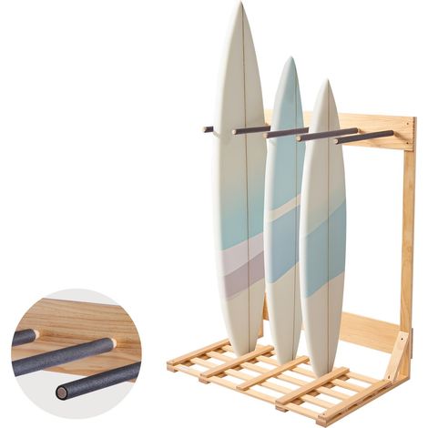 Support vertical pour planches de surf, support en bois à 4 niveaux pour rangement et exposition, organiseur de planches autonome pour snowboards, wakeboards, kitesurfs, shortboards et skis (1/5)