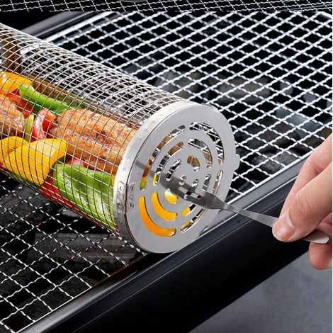 【bt02】Lot de 2 paniers à griller en acier inoxydable, 2 crochets et 2 fourchettes. Barbecue roulant (1/5)