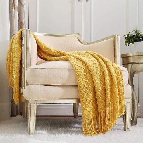 Schlafsofa, Sessel, dekorative Strickdecke, geeignet für Frühling und Sommer, 130 x 170 cm, Kurkuma (1/4)