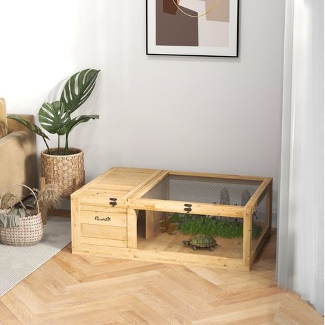Maison pour tortues en bois, enclos à 2 zones, toit ouvrant, 91 x 60,5 x 32 cm, jaune HAVRYA (1/4)