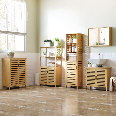 Meuble de salle de bain avec 2 étagères ouvertes et un placard en bambou à 2 portes, 60 x 30 x 120 cm (1/5)