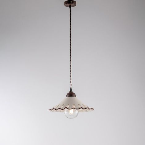Lustre avec câble en tissu Rouille Noir une lumière abat-jour en céramique blanche 30x h15 cm