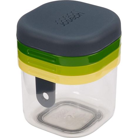 Set multifuncional 3 en 1 Joseph Joseph Multi-Prep Mini – Incluye cortador en cuñas, rebanador grueso y fino, base recolectora antideslizante, tapa con agarre de precisión.