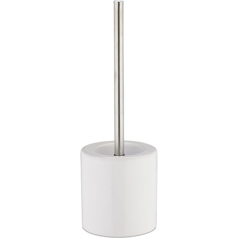 Porte Brosse WC céramique Brosse WC et tête Changeable poignée métal Salle de Bain HxD 38,5 x 12,5 cm, Blanc (1/5)