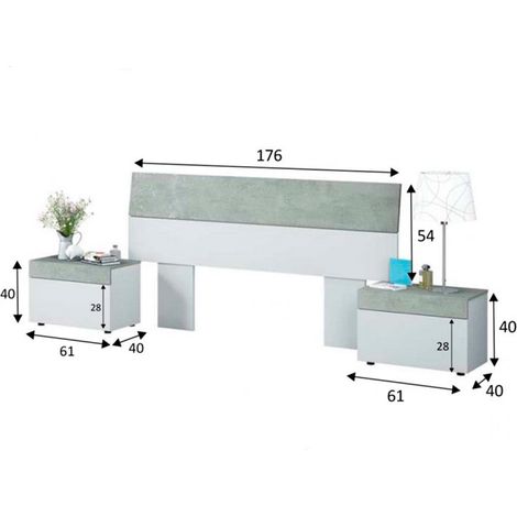 Pegane – Tête de lit avec 2 tables de chevet – Coloris blanc artic et béton – Dimensions 97 x 276 x 40 cm – Ensemble moderne et fonctionnel
