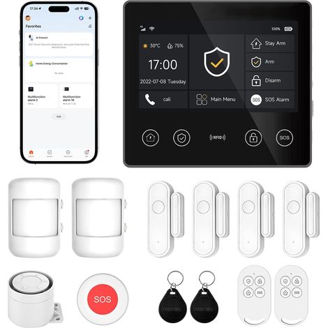 Alarme Maison sans Fil 4G + WiFi, Kit Alarme sans Abonnement Écran tactile 4,3", détecteurs d'ouverture et de mouvement inclus, application Tuya Smart, compatible (1/5)