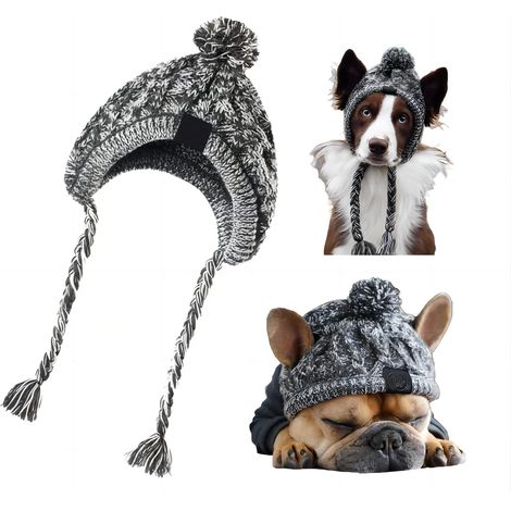 1 bonnet chien, maille acrylique, pompon et tresse, trou oreilles, hiver pour petit moyen grand chien chat (1/5)