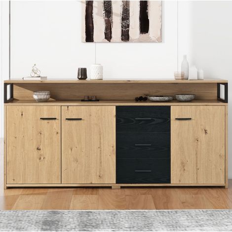 Buffet 150x35x75.9 cm noir et bois en panneau de particules avec 3 portes, 3 tiroirs et rangements ouverts (1/5)