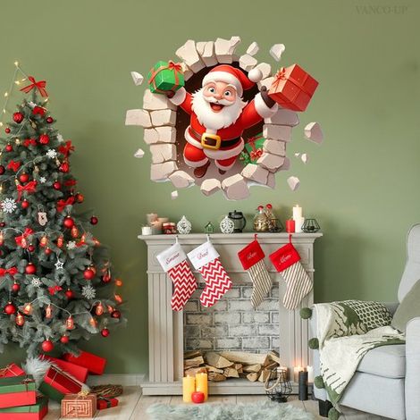 Effetto 3D a parete, Babbo Natale che sfonda il muro, adesivo murale autoadesivo, decorazione per la casa (3060 cm2 pezzi) (1/4)