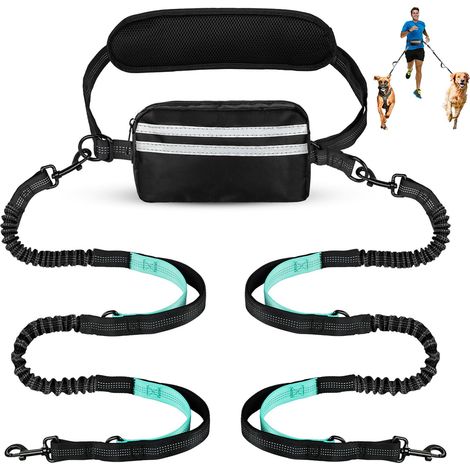 Guinzaglio per cani a mani libere con custodia, doppio guinzaglio per due cani, elastico retrattile con doppie impugnature imbottite, cintura da vita per passeggiate con il cane (1/4)