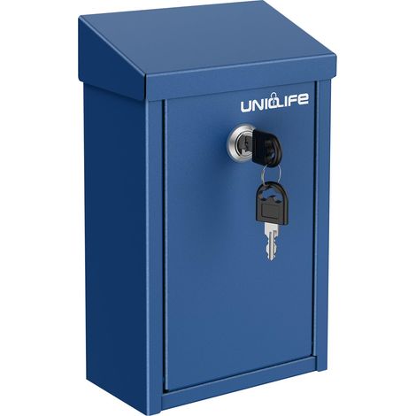Boîte à clés pour l'extérieur, boîte à dons en métal bleu avec serrure à clé, boîtes à suggestions sûres, boîte aux lettres murale avec fente supérieure, coffre à monnaie en acier pour bureau (1/5)