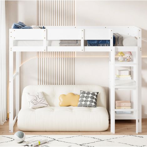 MEUBLIV Lit mezzanine 90x200cm en pin bois , lit enfant avec étagère de rangement et barrières de sécuritéet, Blanc
