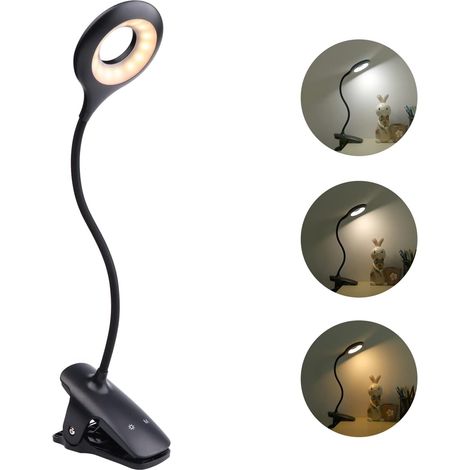 3W Petite Lampe de Lecture au Lit sans Fil Rechargeable à Pince, 28 LEDs, 3 Couleur et 3 Intensité, Lampe de Chevet Tactile Portable, Mini Lampe de Bureau LED Clip on pour Enfants,noir