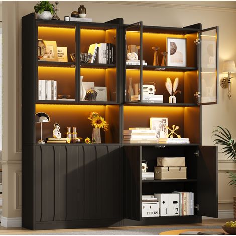 Vitrina LED 160x35x200 cm, armario alto con puertas de vidrio y 2 módulos de almacenaje, aglomerado - negro