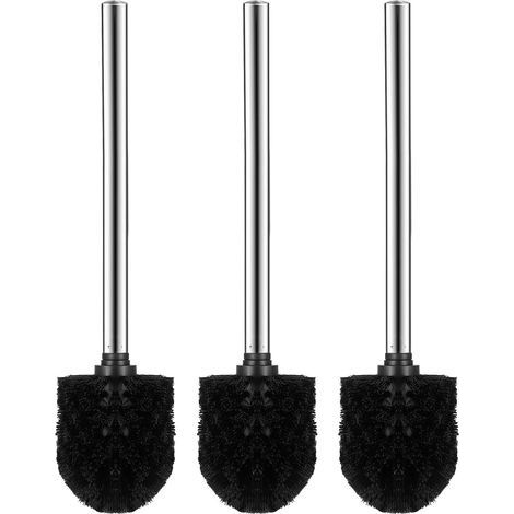 Brosse WC 3pcs Plastique Brosses de Toilette avec Acier Inoxydable Poignée (Noir + Argent) (1/5)