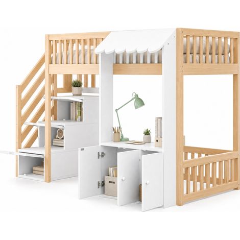 Lit mezzanine 90x200 cm avec escalier de rangement, LED multicolore, grand espace sous le lit, rangement intégré et design pour chambre enfant - CHICFURN (1/5)